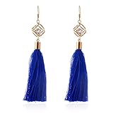 DZT1968 Women girl folk-custom Zircon Tassels Gorgeous Hoop Earrings Jewelry (Blue)