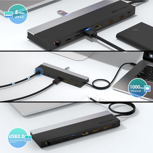 WAVLINK Estação de ancoragem USB C 3 monitores, estação de acoplamento com dual HDMI DP 100 W PD, USB3.0 e 2.0, RJ45, slots SD/TF, áudio/microfone, compatível apenas com computador Windows