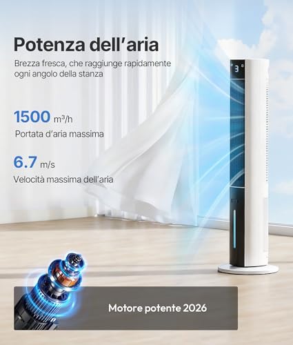 EXNOS Ventilatore a torre con raffreddamento ad acqua – ventilatore a piantana con telecomando silenzioso, aria condizionata mobile senza tubo di scarico, 3 modalità e gradini, aroma timer 12H, Bianco