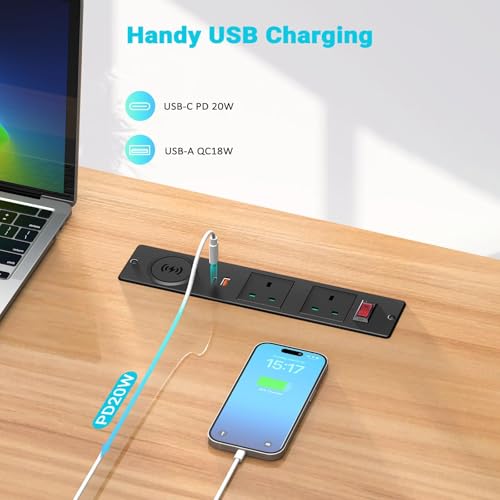 LBOYLOVE® Recessed Desk Power Socket, Hidden Plug Socket with 2 UK Plugs, 2 USB Ports, 15W Wireless Charging and 2M/6.56FT Cable, Furniture Power Strip with Overload Switch for Home Office Desktop