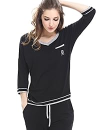 Women's V-Neck Knit Sleepwear 3 4 Sleeves Top with Pants Soft Pajama Set