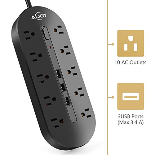 AiJoy Surge Protector Power Strip 10FT Extension Cord 10 Outlet 3 USB Fast Charging Ports 0utlet Strip 3000W
