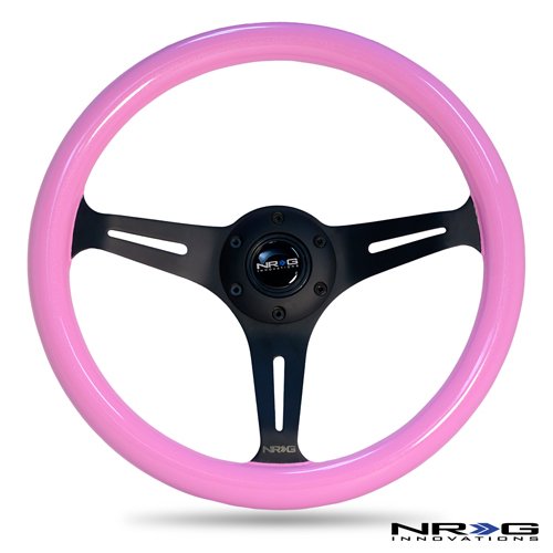 NRG Innovations ST-015BK-PK Classic Wood Grain Wheel (350mm 3 Black Spokes, Solid Pink Painted Grip)