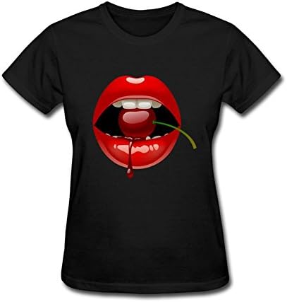 Aeenohik Women's Sexy Red Lips With Cherry Short Sleeve T shirt M