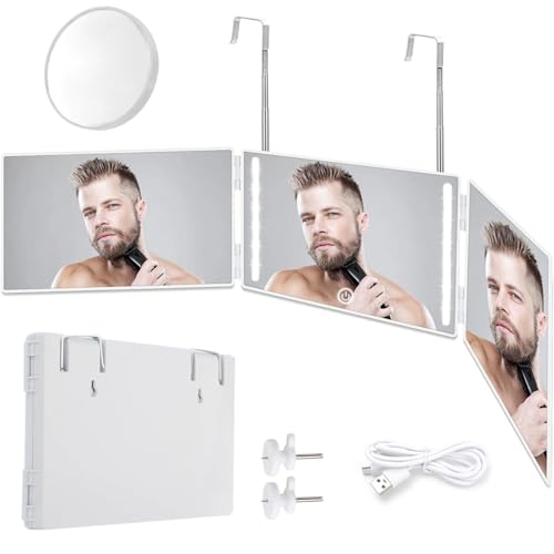 FHZLAJ Espejo de LED Recargable de 3 Vías, Espejos Triple Plegable 360 °con Ganchos Ajustables de Altura espejo para Cortar Cabello Mirror de Aumento 5X para Hombre Mujer Hogar Baño Maquillaje Peinado