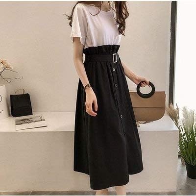 Amazon セットアップ レディース Tシャツ スカート ミモレ丈 ウエストゴム ハイウエスト ボタン ベルト付き チェック 白 黒 半袖 上下セット L ホワイト ブラック 並行輸入品 スカート 通販