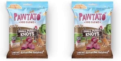 Pawtato Vegan dog chews Small Purple Knots. Natural rawhide alternative dog treat. Low fat, plant based, hypoallergenic, sweet potato chews, 150g (Pack of 2)