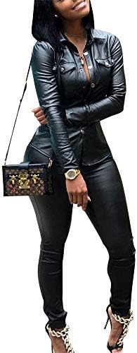 Gobought Womens Leather 2 Piece Outfit Long Sleeve Button Jackets Bodycon Long Pants Set Jumpsuit