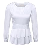 DPO Women's Satin Long Sleeve Tops Pleated Slim Round Neck Blouse