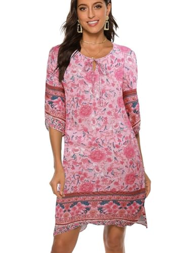 BDTECAOR Women's Vintage Ethnic Style Floral Pattern Bohemian Tunic Dress V-Neck 3/4 Sleeve Beach Dresses Summer Dresses