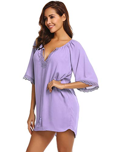SUNAELIA Women Bikini Cover Up Swimsuit Beach Dress with Lace Purple - Thumbnail 4