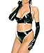 EXLATEX Women Latex Rubber Lingerie Set Bra Gloves and Thong Briefs (Medium, Black)