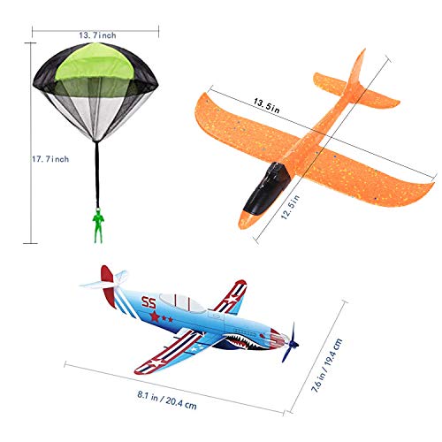 18 Pack Airplane Parachute for Kids, 2Pcs 13.5” Throwing Aircraft Kits+12Pcs 8” Glider Planes+4Pcs Tangle Free Parachute Toy, Outdoor Model Foam Airplane Jet Flying Toys for Boys Girls Toddlers Teens