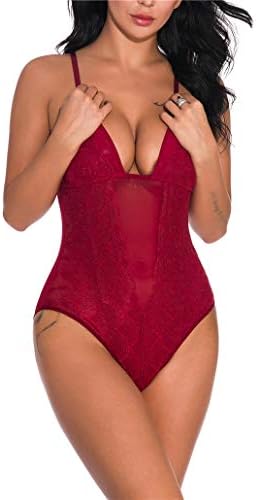 iNewbetter Women Deep V Neck Teddy Lingerie Sheer Mesh Buckle Crotch Babydoll Sexy Lace Bodysuit