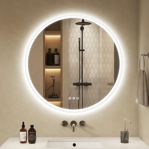 S'bagno Round Bathroom Mirror 70 cm, Bathroom Mirror with Lighting and Bluetooth, Anti-Fog, 3000K-6500K, Dimmable, HD Tempered Glass, IP44 LED Bathroom Mirror with Memory