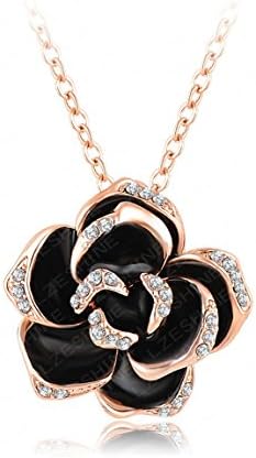 Mayfun Black Enamel Rose Shaped Full Faux Diamond Pendant Necklace for Women Girls 2 Tones Available (Rose Gold)