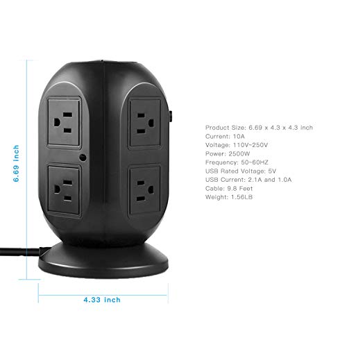 AiJoy Power Strip Surge Protector 8 AC Outlet 4 USB Ports Multi Plug Outlet Long Extension Cord 10Ft (Black)