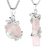 BEADNOVA 2pcs Dragon Wrapped Round Ball Cylinder Natural Rose Quartz Gemstone Necklace Healing Couple Pendant Necklaces Set
