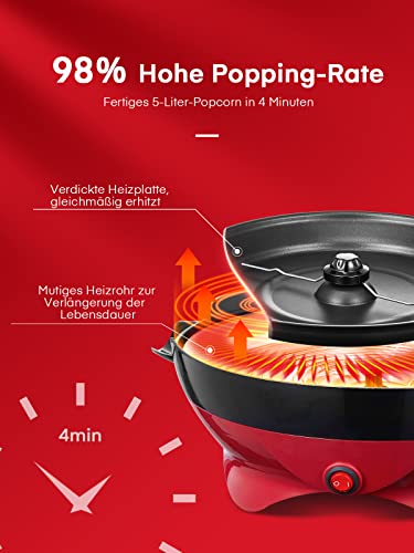 FOHERE Popcorn Machine, 5.5 L Popcorn Maker for Home, Popcorn Machine with Sugar, Butter, Non-Stick Coating and Removable Heating Surface, Quiet and Quick, Large Lid as Serving Bowl (RED)