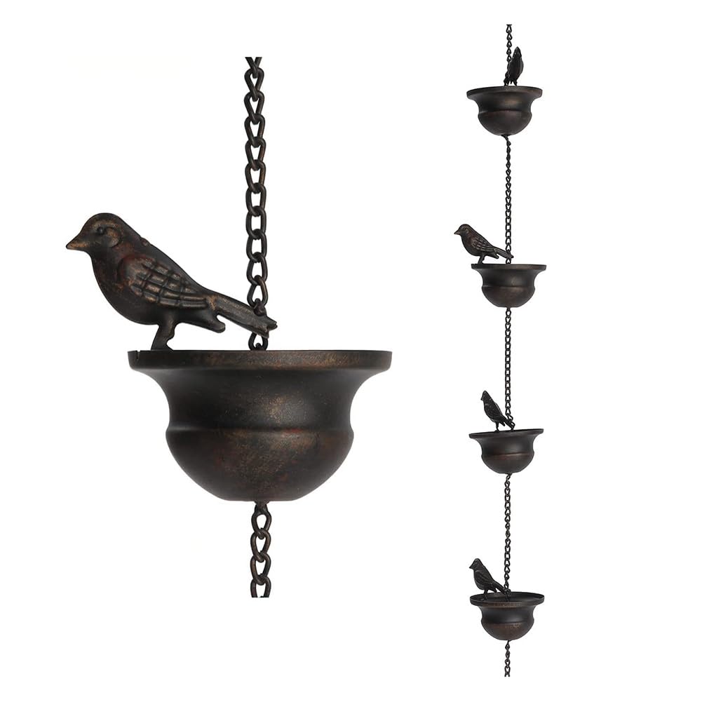Yeruvce 1 Piece Rain Chains for Gutters Mobile Birds on Cups Rain Chimes with Attached Hanger and Birds