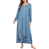 Ekouaer Women's Long Sleeve Nightgown Full Length Sleepwear Long Sleepshirts Henley Sleep Dress S-4XL