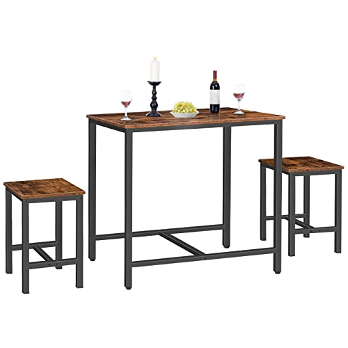 HOOBRO 3-Piece Bar Table Set, 80cm Rectangular Counter Height Pub Table with 2 Stools, Rusitc Brown Small Dining Table with Black Metal Frame, ‌Space-saving Kitchen Breakfast Table Set for Dining Room