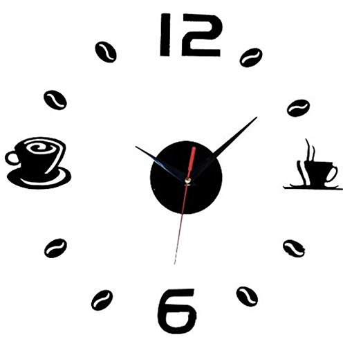 Large Wall Clock DIY Wall Sticker Clock Coffee Tea Cup Number Clock Home Cafe Decor -black