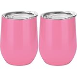 Skylety 12 oz Double-insulated Stemless Glass, Stainless Steel Tumbler Cup with Lids for Wine, Coffee, Drinks, Champagne, Cocktails, 2 Sets (Pink)