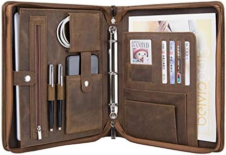 Professional Portfolio with A5-Sized 3-Ring Binder, Business Padfolio Case Documents Holder Folder Organizer (Non-Custom, Brown (Crazy-Horse Leather))