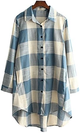 HOOBEE LINEN Women's Roll Up Sleeve High-Low Hem Plaid Shirt Top with Pockets