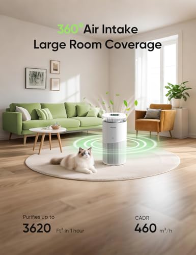 Dhyala Air Purifier for Home Large Room up to 3620Ft², H13 True HEPA Air Purifiers for Home Pet Hair Dander Odor Pollen, Air Cleaner with Smart WiFi, 360° Air Intake, Auto Mode, Pet Lock, 22dB Quiet