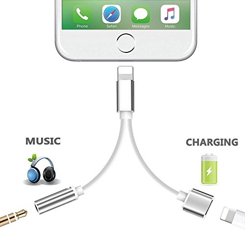 Apple iPhone Adapter Earphones & Splitter, Rockxdays[Sliver]2 in1 Dual Lightning to 3.5mm Headphone Audio & Charge Adaptor for iPhone 7 Plus /iPhone 7