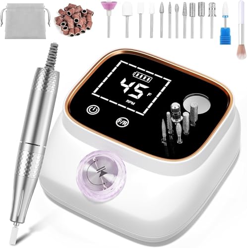 Youtelit Nail Drill 45,000RPM, 13 in 1 Electric Nail File for Acrylic and Gel Nails, Rechargeable Nail Drill Machine, Manicure Pedicure Kit with 12 Bits, LCD Display, Touch Button, Clean Brush (White)