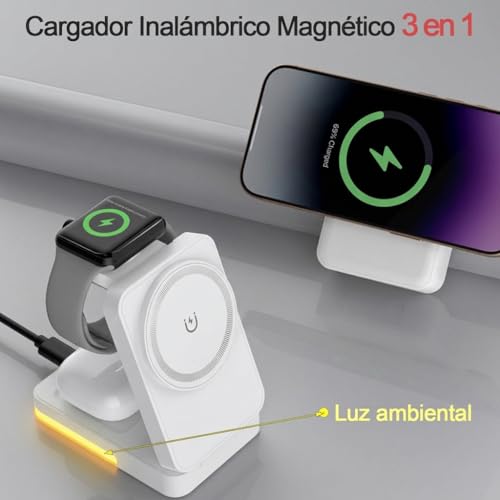UZNOONL 3 en 1 Cargador Inalámbrico para iPhone - Plegable Portátil Cargador, 15W Adaptador de Corriente+1m Cable para iPhone 17 16 15 14 13 12 Serie, Apple Watch, AirPods (Blanco)