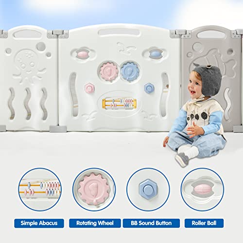 Albott Baby Playpen 22 Panels, Foldable and Portable Kids Safety Play Yard with Lockable Door, Adjustable Shape Activity Center for Indoor and Outdoor Use (White & Grey)