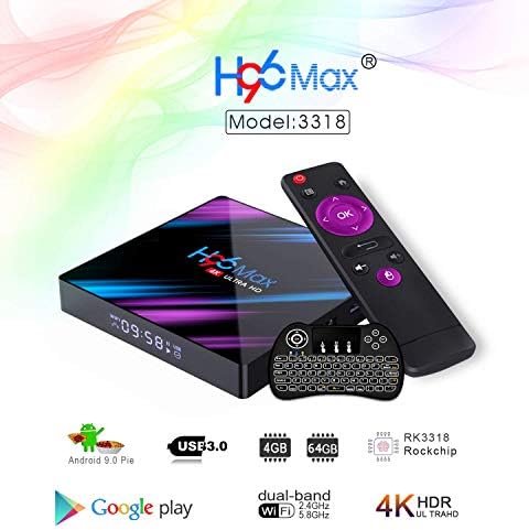 [2019 Version] H96 Max TV BOX Android 9.0 RK3318 Quad-Core 64bit 4GB DDR3 64GB EMMC 4K Ultra HD Smart TV Box Support 2.4G/5G Dual Band WIFI 100M LAN 3D H.265 With Wireless Mini Backlit Keyboard