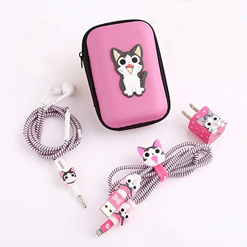 Hemito 7 in 1 Mobile Phone Accessories Protection kit - Spiral Cable Protector for iPhone/Android + Earphone Case Pouch + Cartoon Protector Clips for Data Cable & Earphone (Pink Cat)