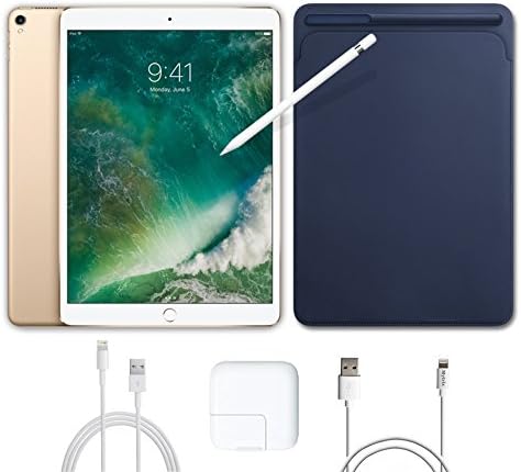 2017 New IPad Pro Bundle (4 Items): Apple 10.5 inch iPad Pro with Wi-Fi 512 GB Gold, Leather Sleeve Midnight Blue, Apple Pencil and Mytrix USB Apple Lightning Cable