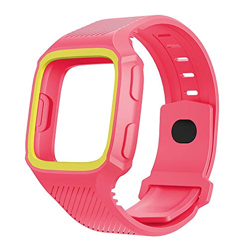 Saying Rugged Protective Case With Silicone Wrist Strap Bands for Fitbit Versa, Easy Installation and Remove (Pink + Yellow)