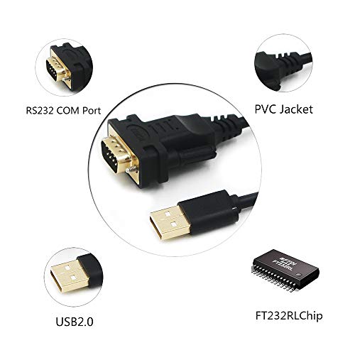USB to Serial Adapter with FTDI Chipset,QCEs USB to RS232 DB9 Male Converter Serial Cable 6Ft Supports Windows 10, 8.1, 8,7, Vista, XP, 2000, Linux and Mac OS,Gold Plated Black