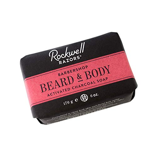 Rockwell Beard & Body Bar Soap - Barbershop Scent - All-Natural with Activated Charcoal, Shea Butter and Jojoba Oil, Organic Coffee Exfoliant - 6oz