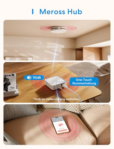 Meross Matte Smoke Detector Networked, Smart Fire Alarm WLAN with Dual Light Sensor, Fire Alarm with App Warning Message, Compatible with Home Assistant, HomeKit, Alexa, 33 mm, with MSH450 Hub, Pack