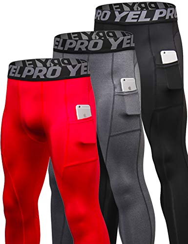 Lavento Men's Compression Baselayer Leggings Moisture-Wicking Pocket Active Tights (3 Pack-3911 Black/Gray/Red,Medium)