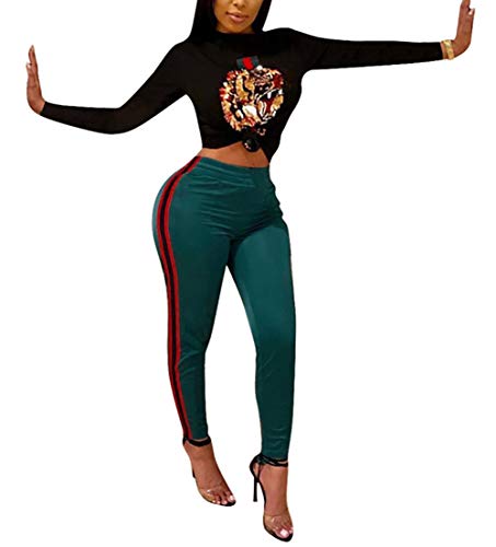 Women's 2 Piece Outfits Long Sleeve Crop Top High Waist Bodycon Long Pants Rompers