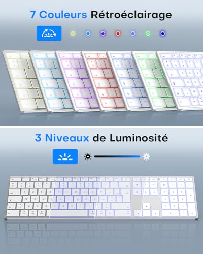 OMOTON Aluminium Wireless Mac Keyboard, 2.4G & Bluetooth (BT1/BT2), AZERTY Backlit Keyboard for Apple Macbook Pro/Air, Mac Mini, iMac, iMac Pro, Silent Rechargeable, Silver