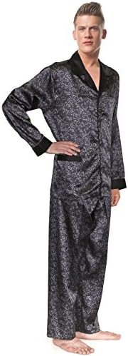 Le Ferre International Men's Smooth Satin Pajama Set in blue paisley- Long Sleeve