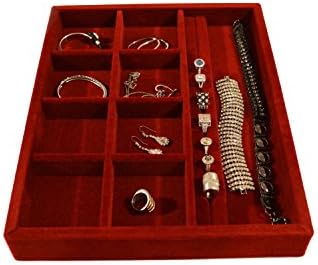 Jewelry Organizer, Wood and Velvet Tray Organizer for Jewels, Rings, Necklaces, Bracelets, 10 Compartments, Protects Jewelry, Drawer Insertable, Stackable, Light and Durable, Handmade In USA (Red)