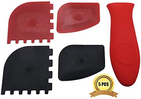 Super Durable 4 Pack Grill Pan Lodge Scrapers with Silicone Hot Handle Holder for Lodge Cast Iron Skillets, Cookware Baking Grill Pan Scrapers PettyTip