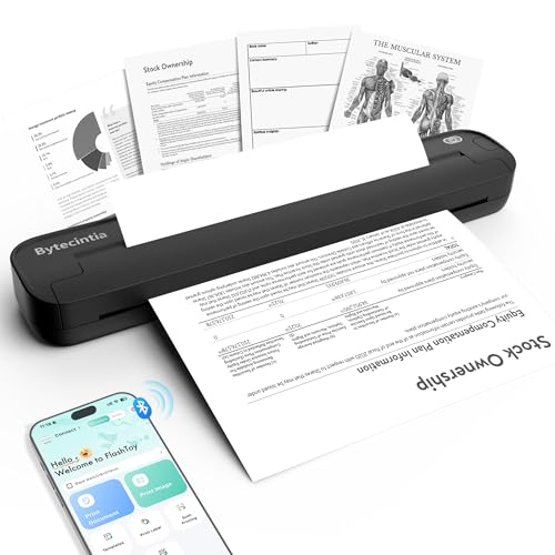 ByteCintia Imprimante Thermique A4 sans Encre, Bluetooth sans Fil Compatible avec iOS Android Mac Windows, Imprimante de Voyage Ultra-légère 450g pour Télétravail, Reçus et Pochoir Tatouage, Noir