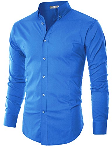 Ohoo Mens Slim Fit Long Sleeve Flexibility Casual Button Down Shirt Added Darts/DCC003-COBALTBLUE-M/US S